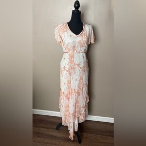 PAPILLON vintage 90s rayon dress whimsical fairy ruffle maxi peach floral L EUC